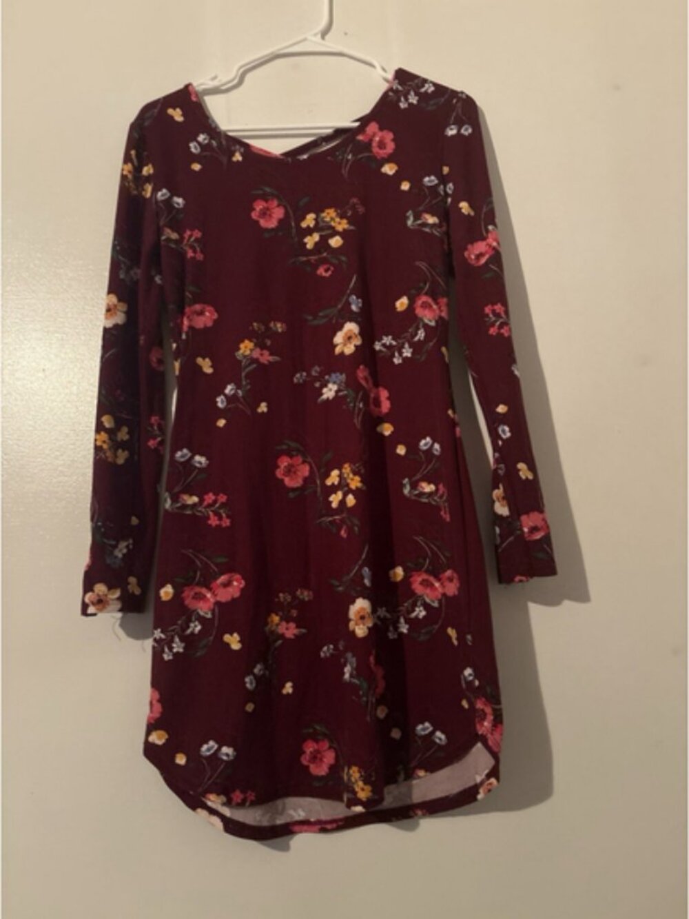 Boho Burgundy Floral Long Sleeve Dress Caged Criss Cross Back Juniors M 7-9